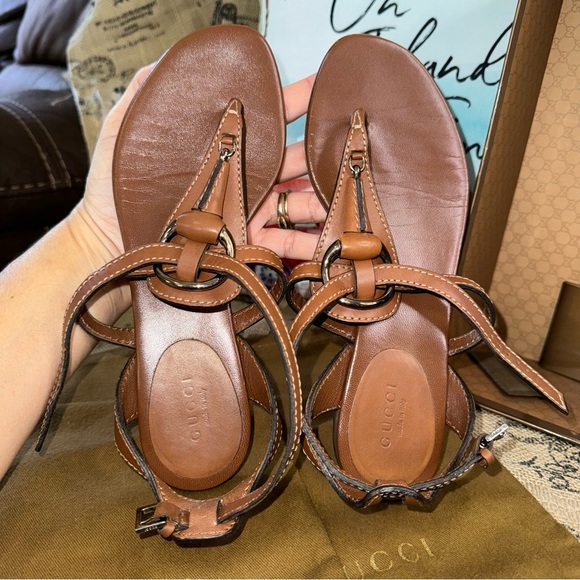Gucci Horsebit Brown Leather Ankle Strap Thong Flat Sandals Size 36 - Picture 12 of 16